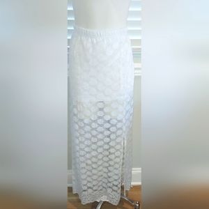 Solitaire Swim White Long Crochet Cover Up Skirt with Side Slits NWT
